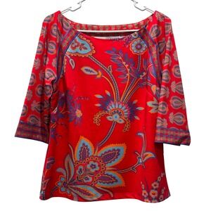 Gretchen Scott Women's Red Floral Print Boat Neck 3/4 Sleeve Top Size Medium